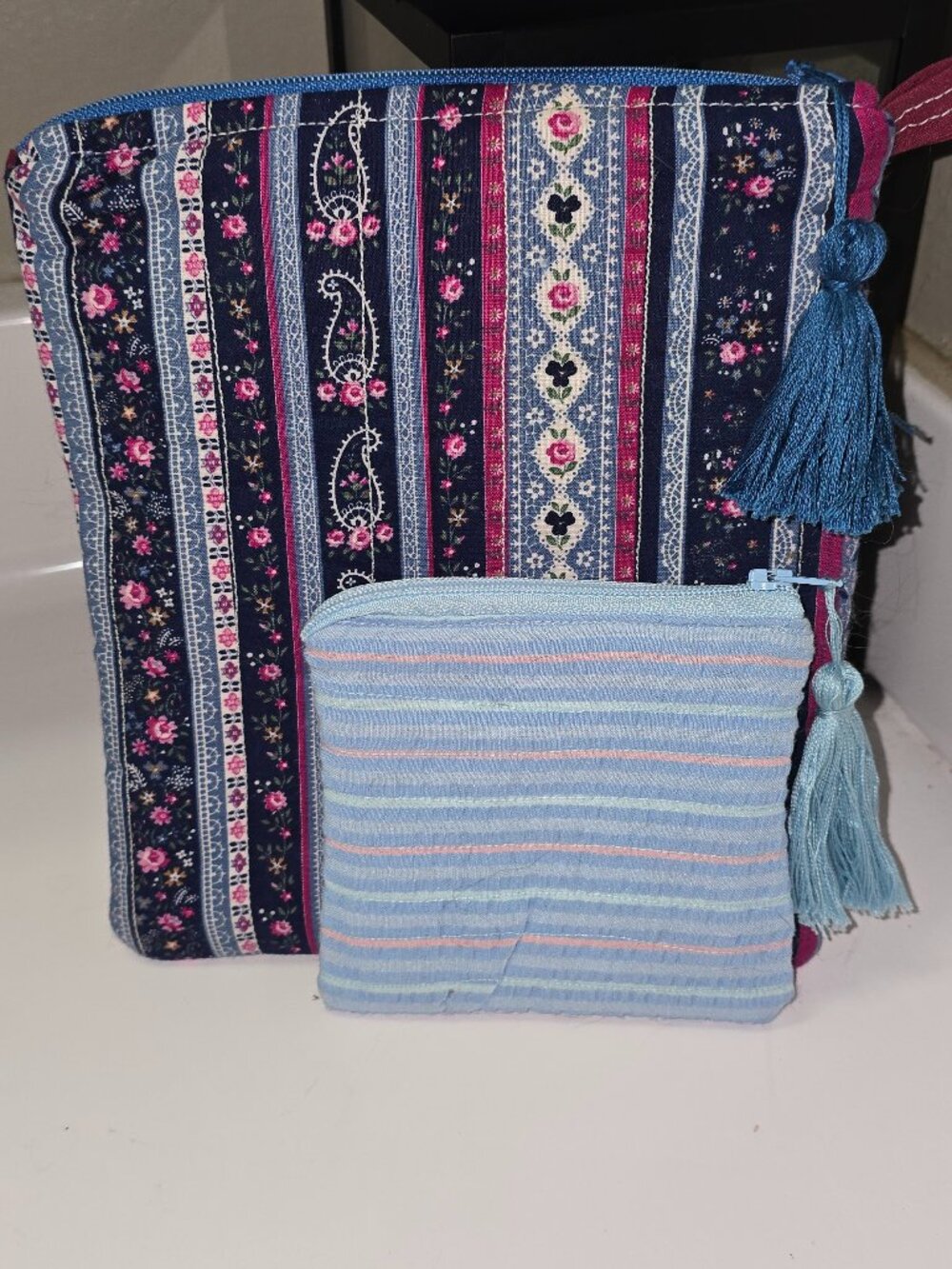 Handmade Quilted Makeup Pouch Set - Boho Floral Cotton Cosmetic Bags